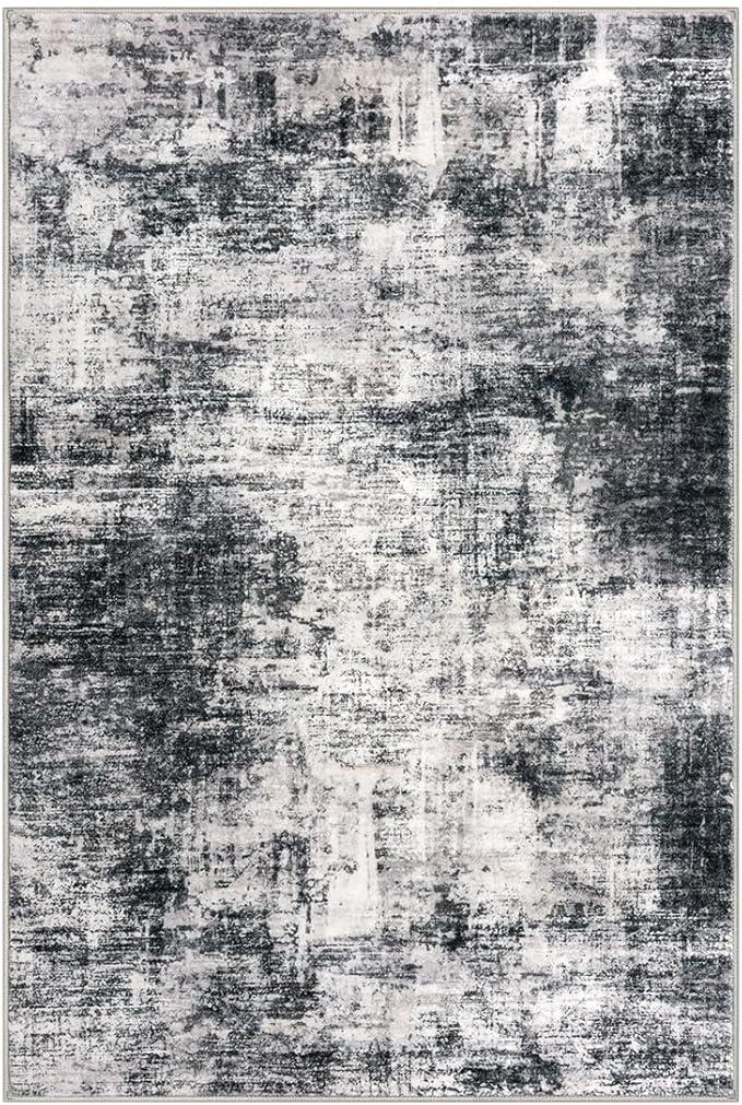 IOHOUZE Small Abstract Area Rug 2x3 Ft Entryway Rugs Washable Door Mat Indoor Entrance, Rubber Backed Throw Rugs, Printed Faux Wool Non Slip Floor Carpet for Foyer Front Door Sink, Black Grey