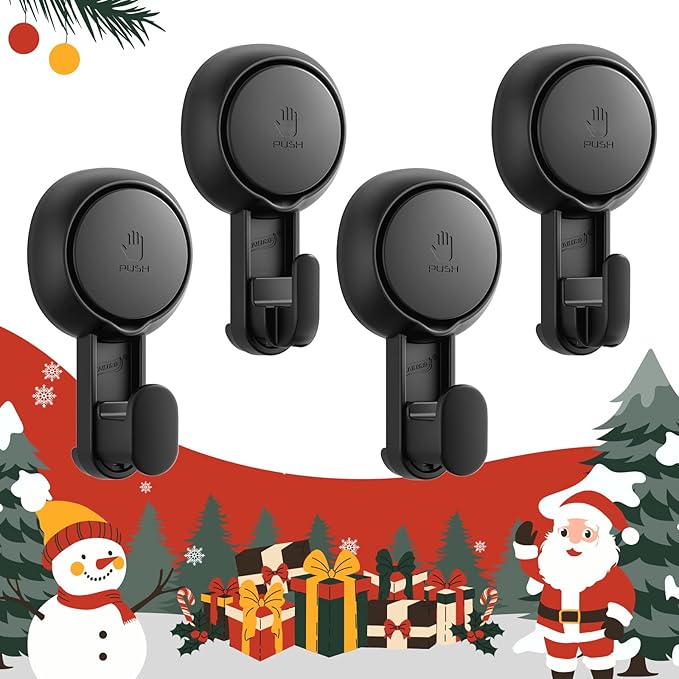 TAILI 4 Pack 360° Rotatable Powerful Suction Cup Shower Hooks for Towel, Loofah, Damage-free Hanging Versatile Wall Hooks for Inside Bathroom, Decoration, Removable Suction Holders, Easy to Use, Black