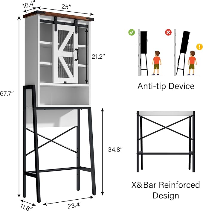 Over The Toilet Storage Cabinet, Above Toilet Storage Cabinet with Adjustable Shelves and Barn Door, Farmhouse Behind Toilet Bathroom Organizer for Bathroom, Laundry Room, Off-White