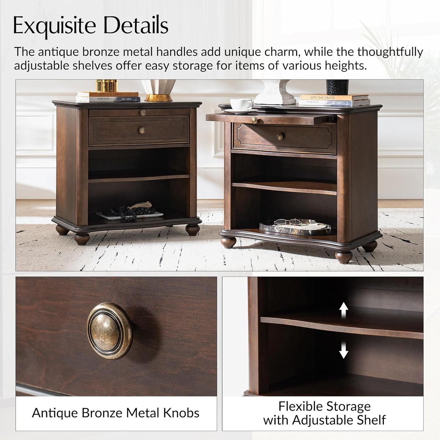 HULALA HOME Wooden Nightstand with Pull-Out Shelf, Mid Century Modern Nightstand with Solid Wood Drawers and Legs, Adjustable Storage, Walnut