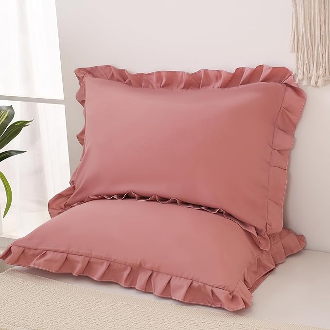 Pink Mocha Pillowcases King Pillowcases Ruffled Pillow Shams Set of 2 Cute Pillowcases Solid Ruffled Fringe Design Pink Shabby Chic Pillowcases 2 Pack (King (20''x36''), Pink Mocha)