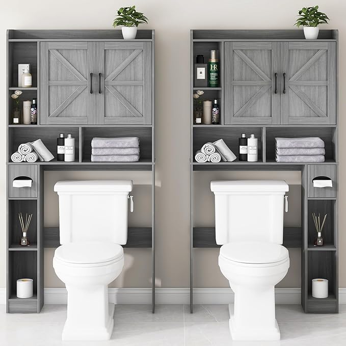 Vabches Over The Toilet Storage Cabinet, Farmhouse Style with 2 Barn Doors, Toilet Paper Holder, Space-Saving for Bathroom & Laundry, Gray