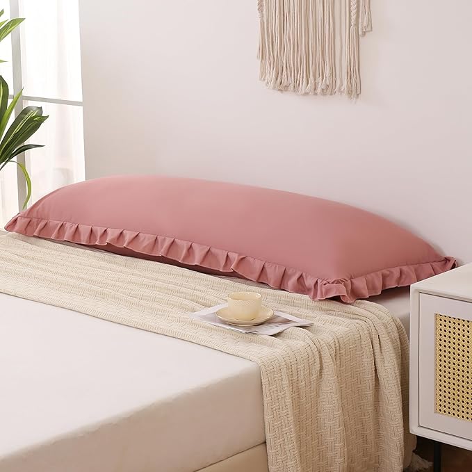 Merryword Pink Mocha Body Pillow Cover 20x54inches Long Pillowcase Ruffled Pillowcases Shabby Chic Ruffled Fringe Decor Body Ruffled Pillow Sham Cute Pillowcase (1 Body, Pink Mocha)