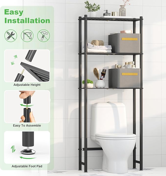 Over the Toilet Storage Cabinet Above Toilet Bathroom Organizer with Toilet Paper Holder Stand Bath Organizer with Adjustable Shelves & Acrylic Doors,Anti-Tip Device (Black, 3 Tiers)