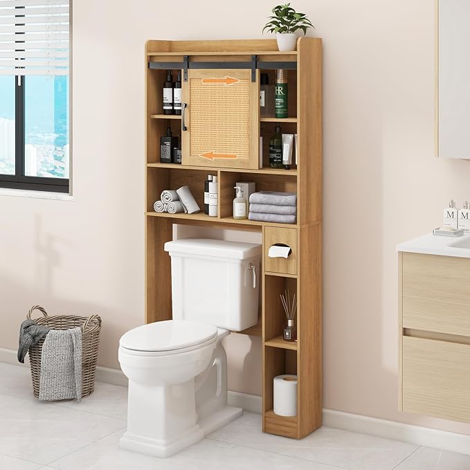 Over The Toilet Storage Cabinet, Farmhouse Rattan Storage Cabinet Over Toilet with Sliding Doors & Toilet Paper Holder Stand, Home Space-Saving Toilet Rack, for Bathroom, Laundry(Rattan Oak).