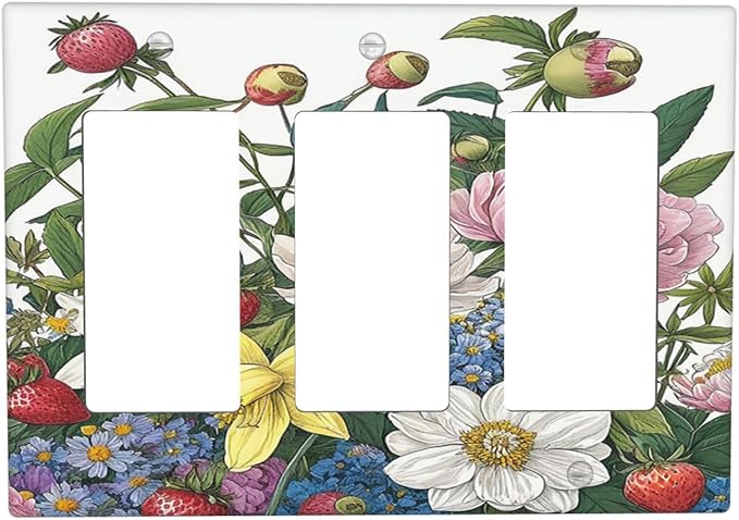 Spring Watercolor Flower Plant Strawberry Peony Floral Light Switch Covers 3 Gang Rocker Decorative Triple Outlet Wall Plate Cover Switchplate Electrical GFCI for Bedroom living Room Decor