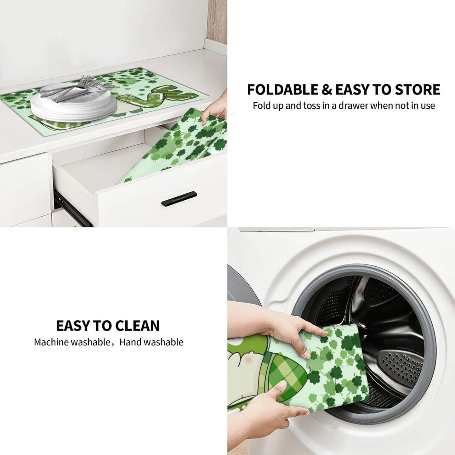 Green Clover Love Dish Drying Mat 18x24 For Kitchen Counter Absorbent Microfiber Dishes Pad Dish Drainer Rack Mats Fast Dry Kitchen Accessories