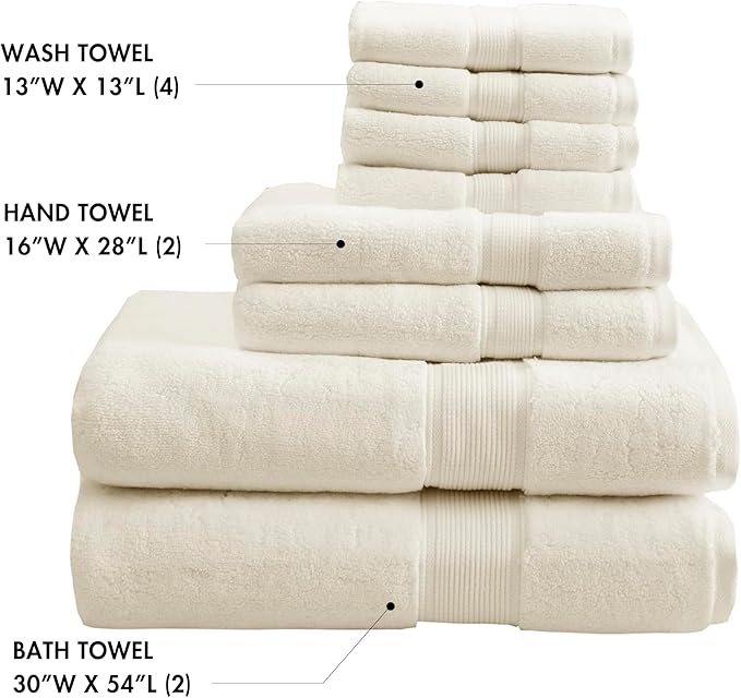 Madison Park 800GSM 100% Cotton Luxury Bathroom Towels , Long Oversized Linen Cotton Bath Towel Set , 8-Piece Include 2 Bath, 2 Hand & 4 Wash, Cream