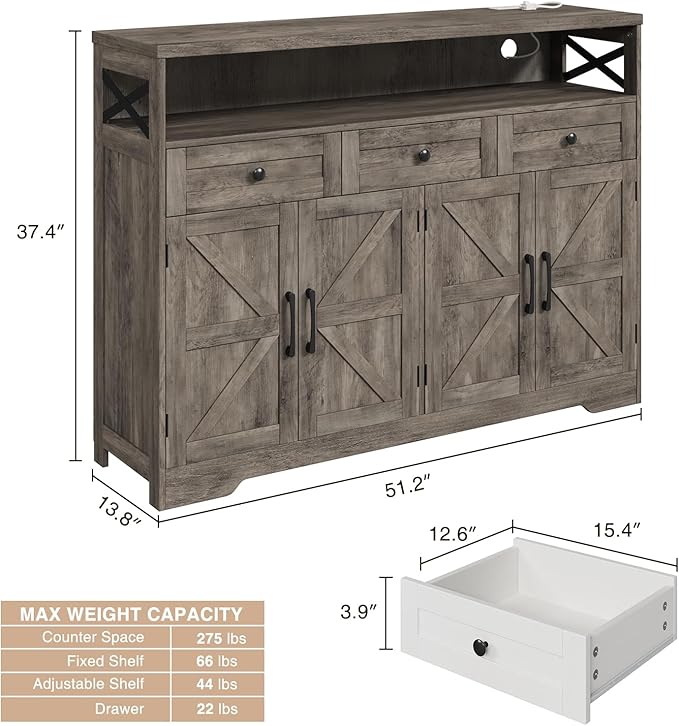 51" Farmhouse Buffet Sideboard with Storage, Kitchen Pantry Cabinet with Storage Drawers, Wood Cupboard Hutch, Coffee Bar Station Table for Kitchen, Living Room, Dining Room, Grey