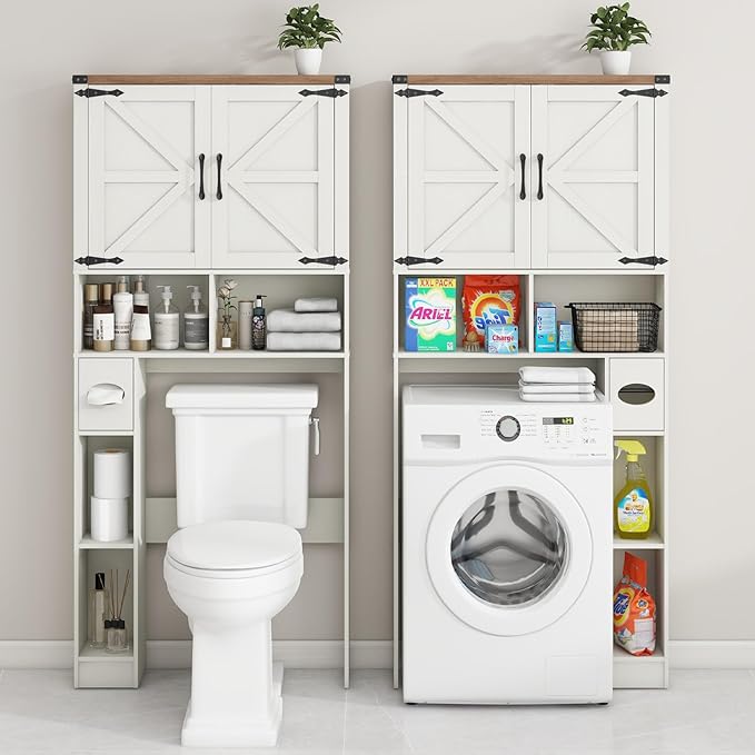 Over The Toilet Storage Cabinet, Farmhouse Storage Cabinet Over Toilet with 2 Barn Doors && Toilet Paper Holder Stand,Home Space-Saving Toilet Rack, for Laundry, Restroom, Bathroom