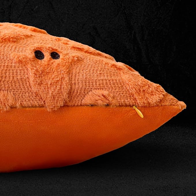 4TH Emotion Halloween Ghost Decorative Pillow Covers 18x18 Set of 2, Orange Soft Plush Faux Fur Farmhouse Throw Cushion Cases for Fall Autumn Holiday Home Decorations