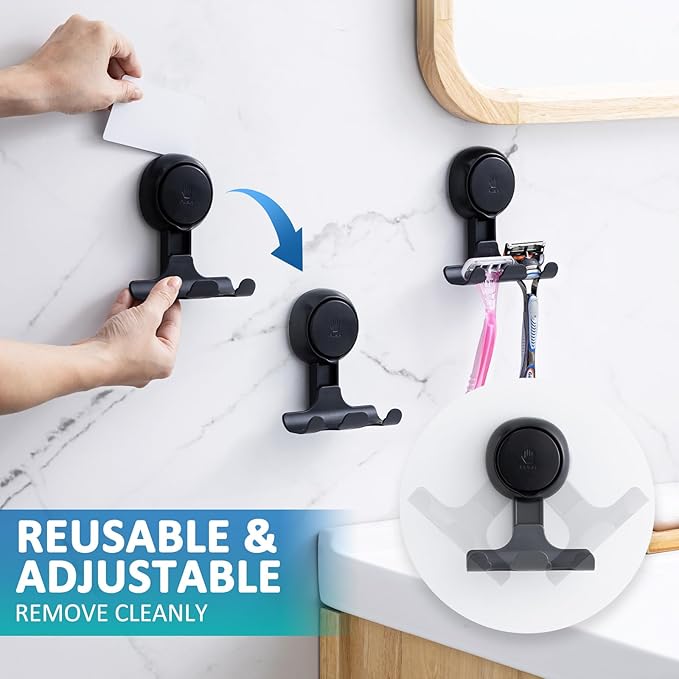 TAILI Suction Cup Razor Holder for Shower 2 Pack, Towel, Loofah, Shaver Holder for Shower Wall, Powerful Suction Cup Hooks for Inside Bathroom, Easy to Install and Reuse, Black
