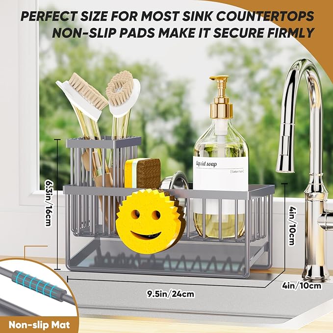 Sponge Holder for Kitchen Sink,Smiley Face Sink Caddy with Removable Brush Holder,Self-Draining Sponge Caddy for Soap,Dish Brush,Scrubber,Kitchen Essentials and Gadgets-Gray