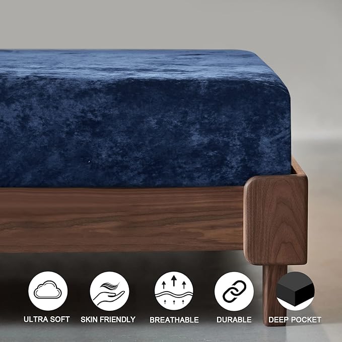 PHF Truly Velvet Fitted Sheet Only Queen Size, Luxury Super Soft Cozy Fuzzy Fleece Bottom Sheet, Deep Pocket Up to 16",Strenghth Elastic Band,Suitable for Fall Winter Spring, No Pillowcases, Navy Blue