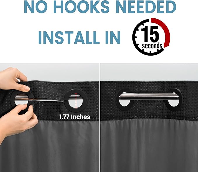 Long No Hook Shower Curtain with Snap in Liner,230GSM Waffle Weave Shower Curtains for Bathroom,71W x 80H(78"),Black