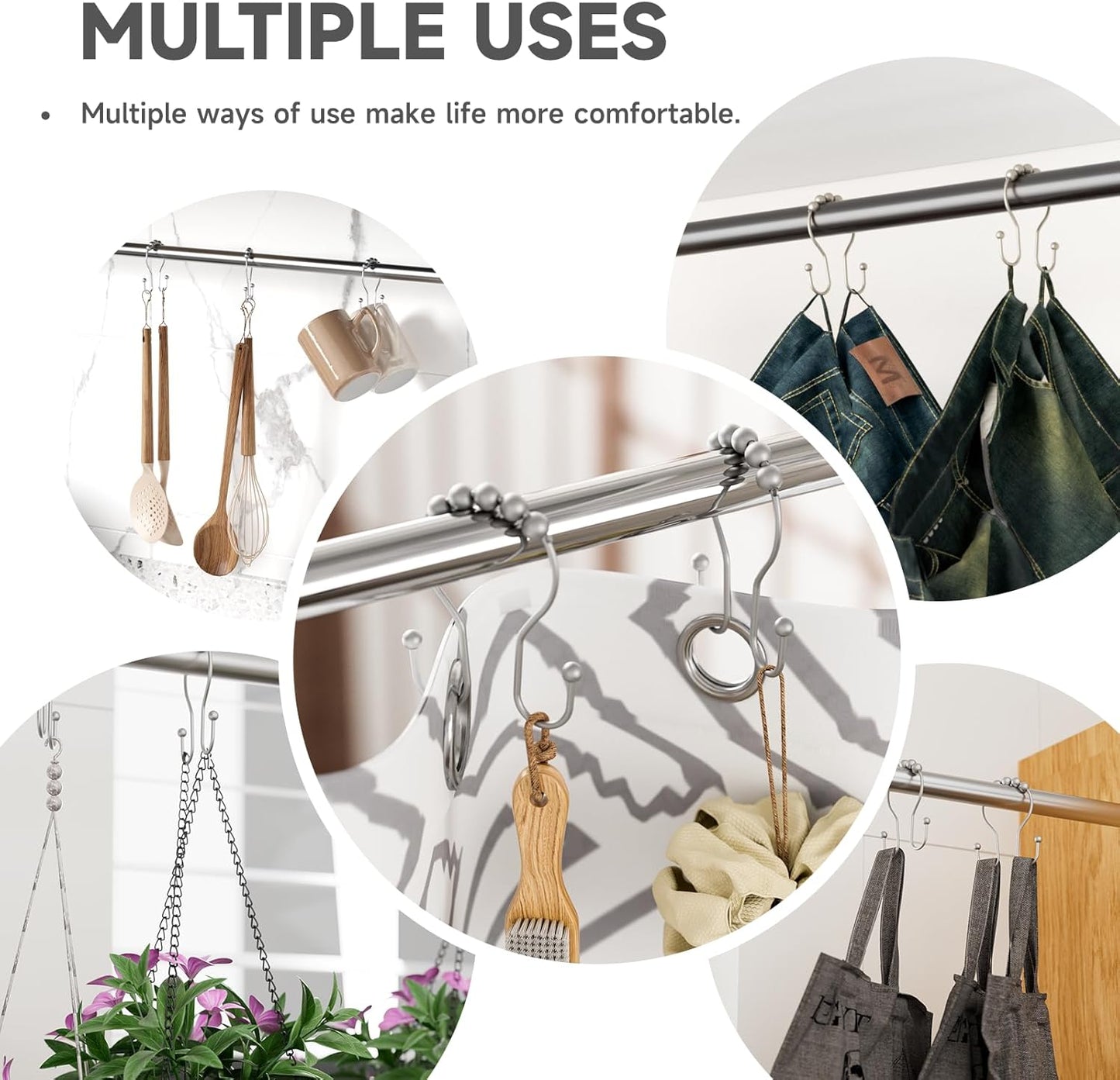 Shower Curtain Hooks Silver, Bathway Shower Curtain Rings Rust Proof, Shower Hooks for Shower Curtain Balanced Smooth Glide Double Shower Curtain Hooks, 12 Pcs