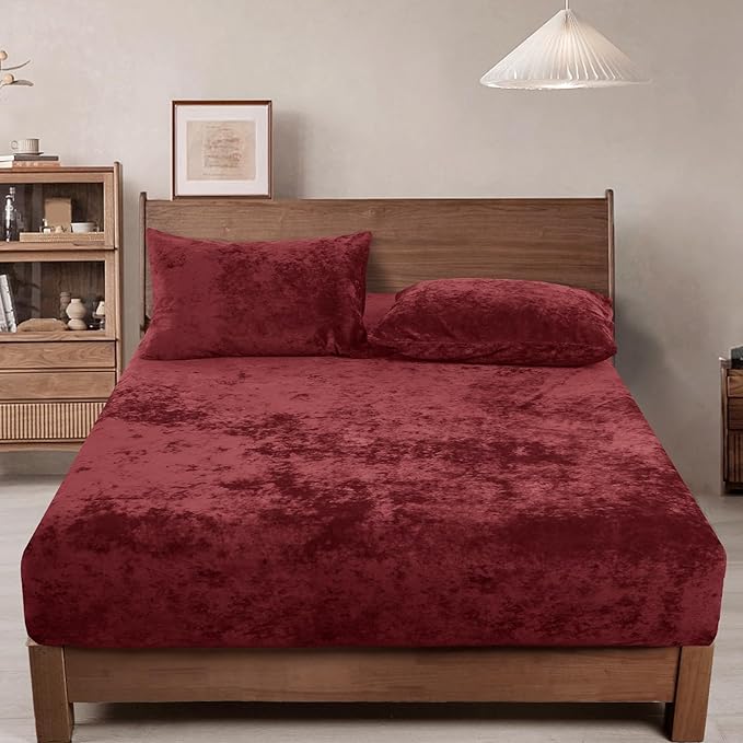 PHF Truly Velvet Fitted Sheet Only Twin Size, Christmas Luxury Super Soft Cozy Fuzzy Fleece Bottom Sheet with Deep Pocket Up to 16", Suitable for Fall Winter Spring, No Pillowcases, Wine Red