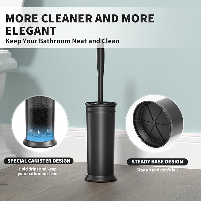 Toilet Brush and Holder 2 Pack, Toilet Bowl Brush with Extra Long Handle, Toilet Scrubber and Covered Holder, Toilet Brushes for Bathroom-Space Saving, Covered Brush, Durable, Deep Cleaning(Black)