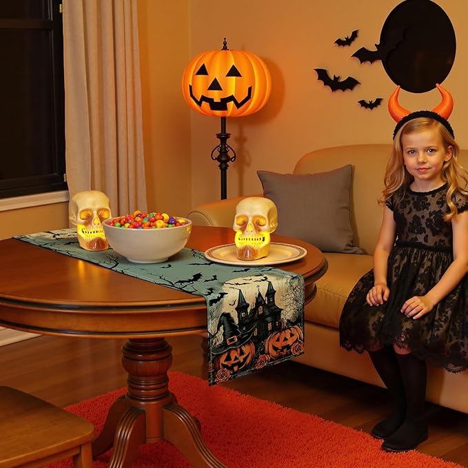 Halloween Table Runner with Haunted Castles, Bats & Pumpkins, Table Decoration for Dining Party and Home Decor,36x13 inches