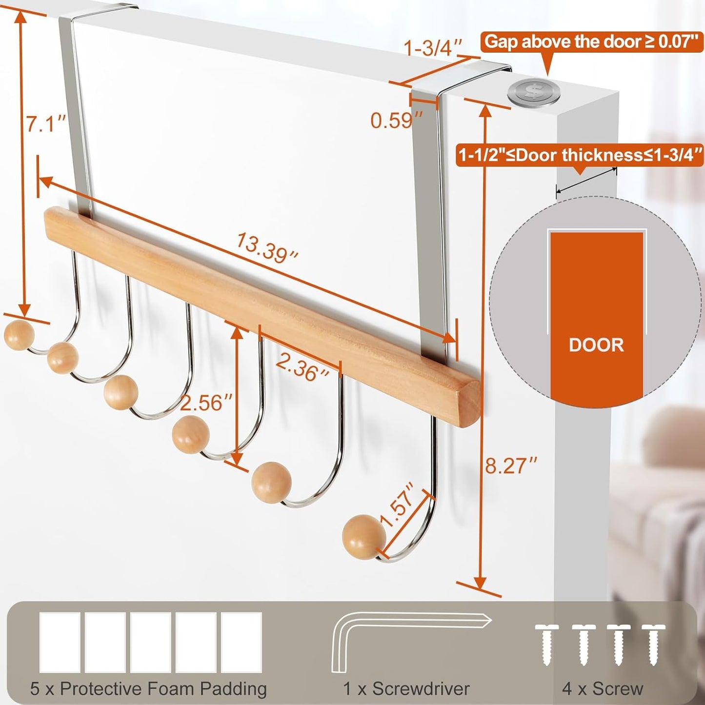 TOPIA HANGER Over The Door Hooks for Hanging, Towel Hooks Towel Racks for Bathroom, Coat Hooks Coat Rack Over The Door Organizer Hanging, Wooden Door Hangers for Coat Towel Hat Purse CT71N