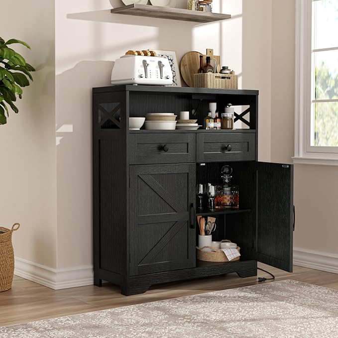 31.5" Black Storage Cabinet with Drawers and Shelf, Farmhouse Sideboard Buffet with Storage, Kitchen Pantry Hutch, Coffee Bar Cabinet Station Table for Kitchen, Living, Dining Room
