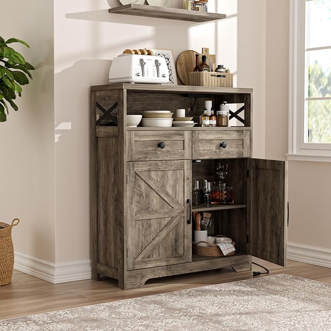 31.5" Rustic Grey Farmhouse Storage Cabinet with Barn Doors and Drawers, Sideboard Buffet Cabinet with Storage, Kitchen Pantry Hutch, Coffee Bar Station Table for Kitchen, Livingroom, Bathroom