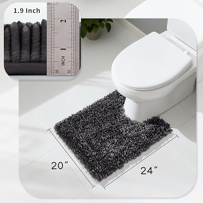 Yimobra Toilet Rugs U Shaped Washable, Soft Comfortable Toilet Mat for Bathroom Floor, Non-Slip Contour Bathroom Rugs for Toilet, Fluffy, Thick, Dry Quickly Absorbent Water, 24.4 x 20.4, Dark Grey