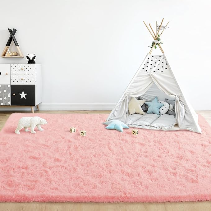 Pink Fluffy Area Rug - 3x5 Kids Rug for Bedroom, Nursery, Playroom & Dorm
