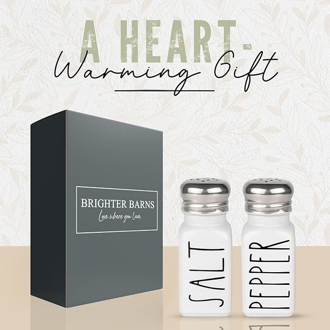 White Salt and Pepper Shakers Set by Brighter Barns - Neutral Minimalist Kitchen Decor - Modern Farmhouse Kitchen Decor - Cute Glass Shakers for Home Restaurants Weddings & Stainless Steel Lid (White)