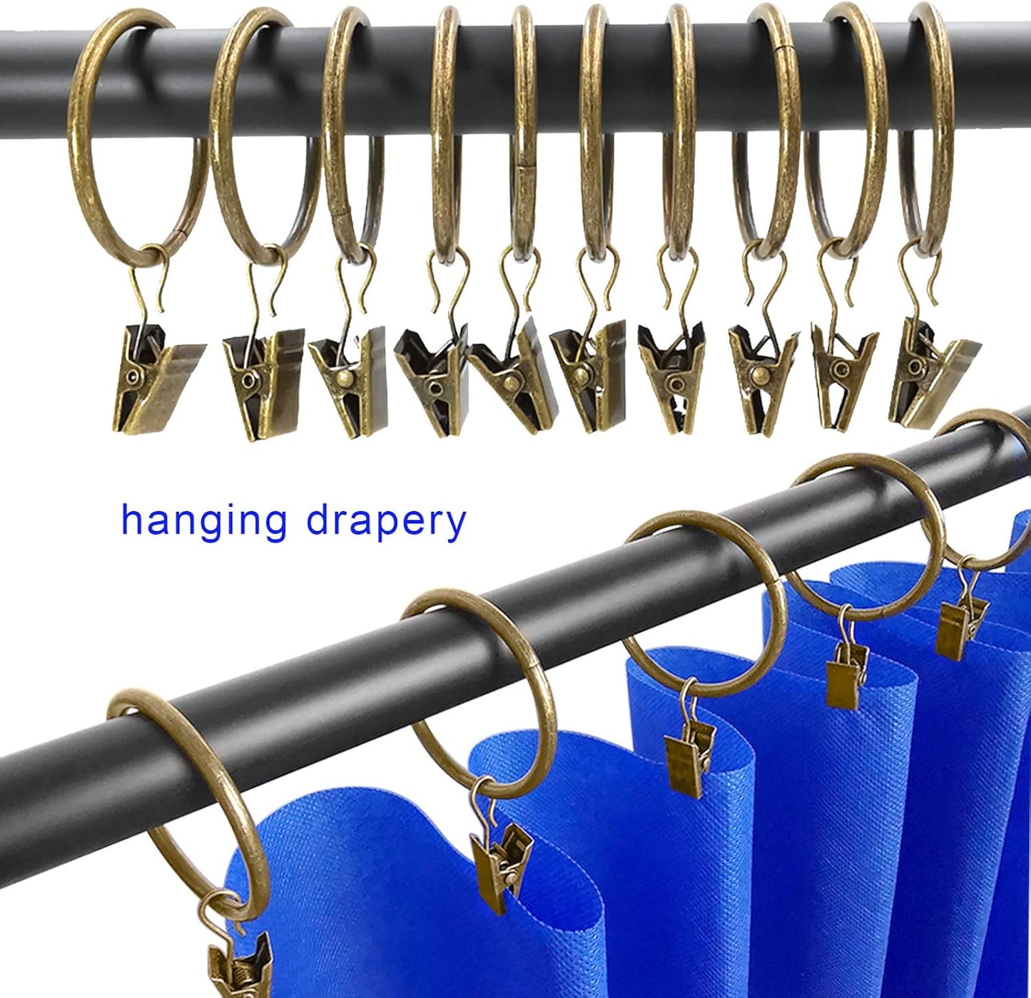 40 Pack Metal Curtain Rings with Clips, Drapery Clips Hooks, Decorative Curtain Rod Clips 1.5 in Interior Diameter, Antique Bronze