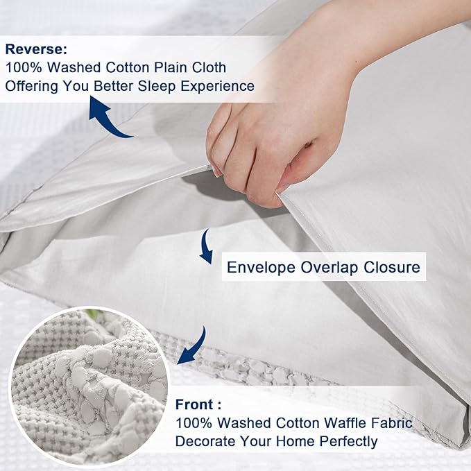 PHF 100% Cotton Waffle Pillow Shams Queen Size, 2 Pack 20" x 30" Soft Skin-Friendly Pillowcases, No Filling, Aesthetic Woven and Breathable Waffle Weave Pillow Case Covers for Bed, Light Grey