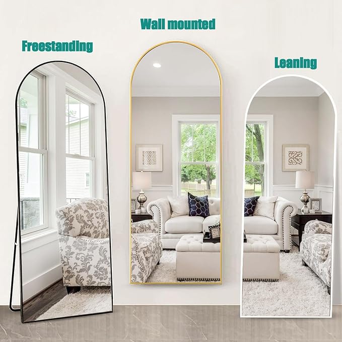 TinyTimes 64''x21'' Arched Full Length Mirror with Stand, Full Body Mirror, Mirrors Full Length Floor Freestanding, Wall Mounted Mirrors for Bedroom Living Room Cloakroom (Gold)
