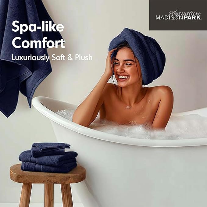 Madison Park 800GSM Bathroom Towel Set of 8 100% Cotton Bath Towel Set for Bathroom Luxurious Highly Absorbent 2 Bath Towels 2 Hand Towels 4 Washcloths Quick Dry Spa Quality Dark Navy