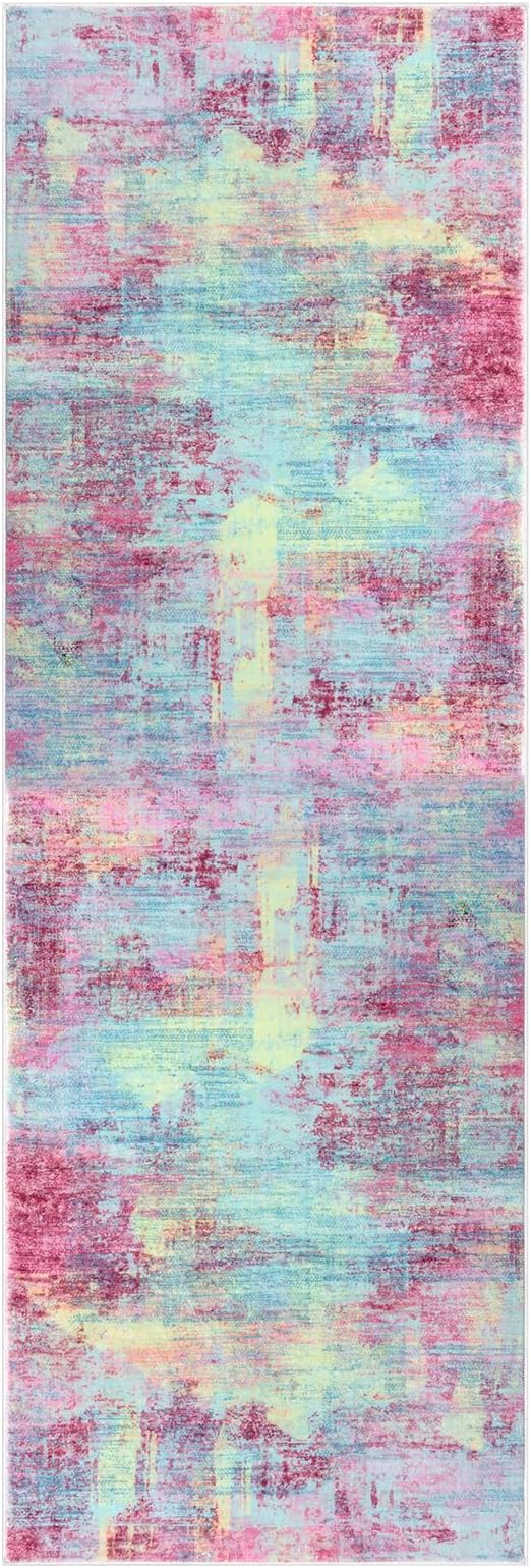 IOHOUZE Abstract Runner Rug 3x8 Ft Washable Runners for Hallways, Non Slip Kitchen Runner Printed Faux Wool Entryway Runner Indoor, Modern Abstract Floor Carpet for Hall Kitchen Bedroom, Pink Teal