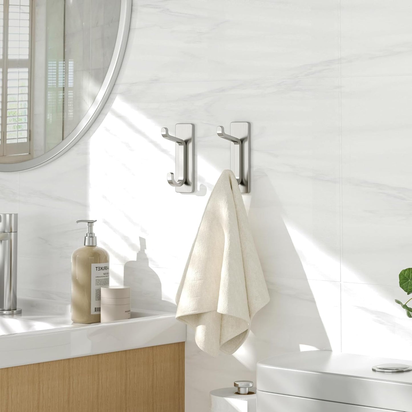 Self Adhesive Wall Hooks for Hanging: Extra Strong 13 LB, Hook for Coat, Towel in Bathrooms, Shower, Kitchen, Wall, Door Hook, Nickel Silver 4 Pack