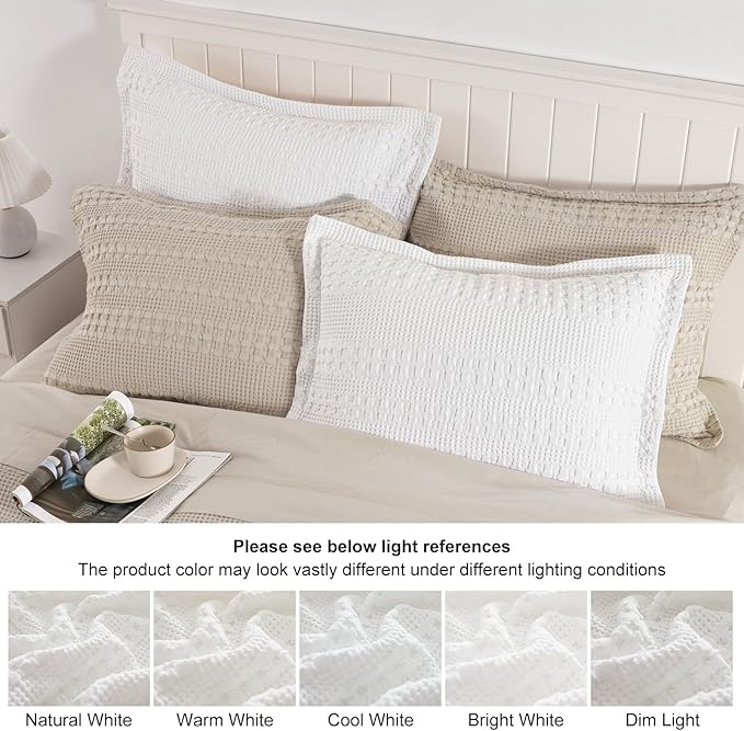 PHF 100% Cotton Ruffle Waffle Pillow Shams King Size, 2 Pack 20" x 36" Soft Skin-Friendly Pillowcases, No Filling, Aesthetic Home Decor, Breathable Waffle Weave Bed Pillow Covers, White