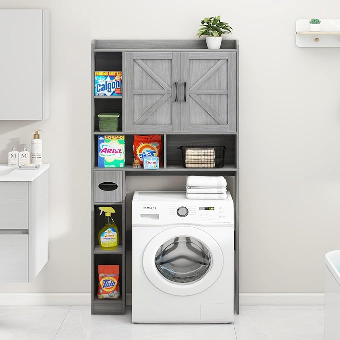 Vabches Over The Toilet Storage Cabinet, Farmhouse Style with 2 Barn Doors, Toilet Paper Holder, Space-Saving for Bathroom & Laundry, Gray