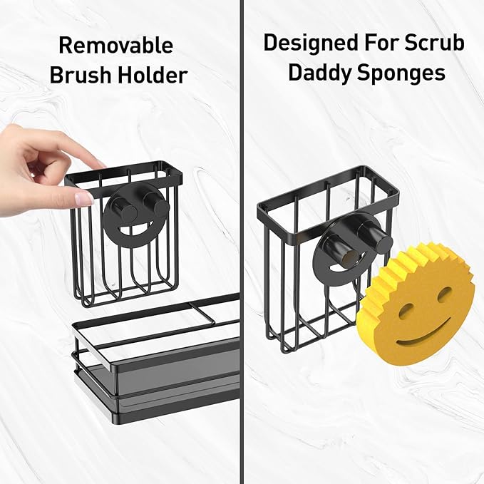 Moforoco Kitchen Dish Soap Dispenser Set, 16OZ Glass Bottle, Hand and Dish Soap Dispenser Set, Instant Dry Tray, Non-Slip Silicone Pad, Brush Holder with Smiley Face Sponge Holder(Black)