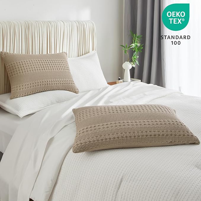 PHF 100% Cotton Waffle Pillow Shams King Size, 2 Pack 20" x 36" Soft Skin-Friendly Pillowcases, No Filling, Aesthetic Woven and Breathable Waffle Weave Pillow Case Covers for Bed, Simply Taupe