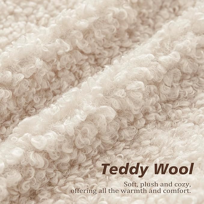 Foindtower Set of 2 Curly Teddy Wool Pillow Covers Decorative Boucle Textured Lumbar Throw Pillow Faux Fur Sherpa Pillowcases Sheepskin Fuzzy Cushion Case for Sofa Bedroom Car 12"x20" Cream Beige