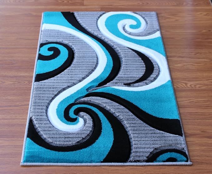 Masada Sophia Collection Hand Carved Modern Contemporary Turquoise White Grey Black Welcome Mat, Doormat, Bathroom Rug, Kitchen Mat, Small Space Rug (2 Feet X 3 Feet 4 Inch)