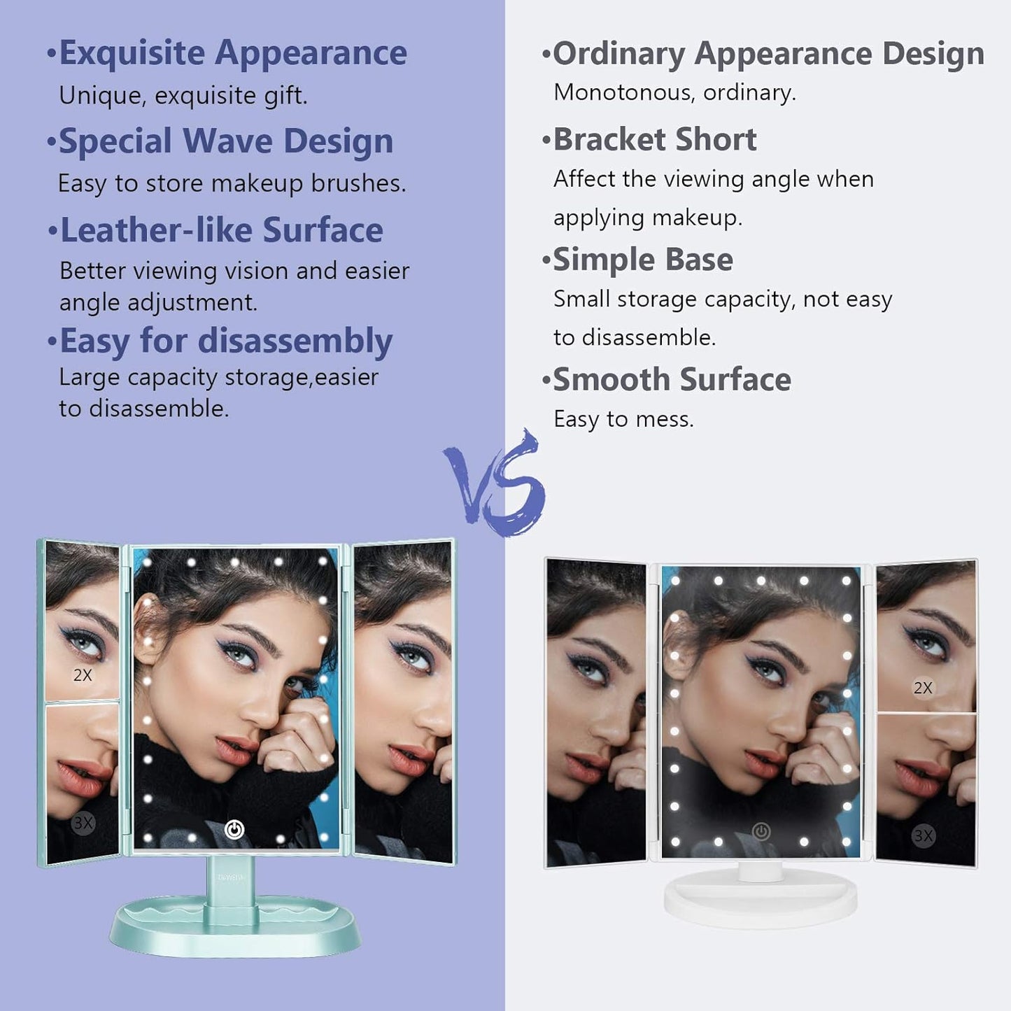 deweisn Trifold Lighted Vanity Makeup Mirror with 21 LED Lights,1x/2x/3x Magnification Touch Screen Dimming,Two Power Supplies Makeup Mirror, Gift for Women