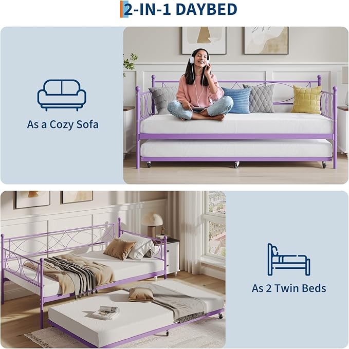 IDEALHOUSE Twin daybed with Trundle, Metal Twin Daybed and Trundle Set, Day Bed Sofa Bed Frame with Steel Slat Support, Multifunctional Daybed Frame for Bedroom (Purple Sets)