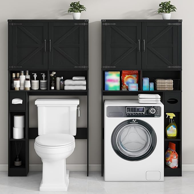Over The Toilet Storage Cabinet, Farmhouse Storage Cabinet Over Toilet with 2 Barn Doors && Toilet Paper Holder Stand,Home Space-Saving Toilet Rack, for Laundry, Restroom, Bathroom.Pure Black