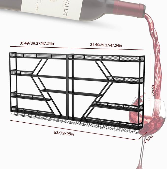 63in Wall Mounted Wine Rack, Large Metal Wine Bottle Holder, 4 Tier Modern Fashion Diamond Shaped Floating Bar Unit Wine Storage Shelves, for Home Restaurant Bars Decor (Black, 4 Tier - 63in)