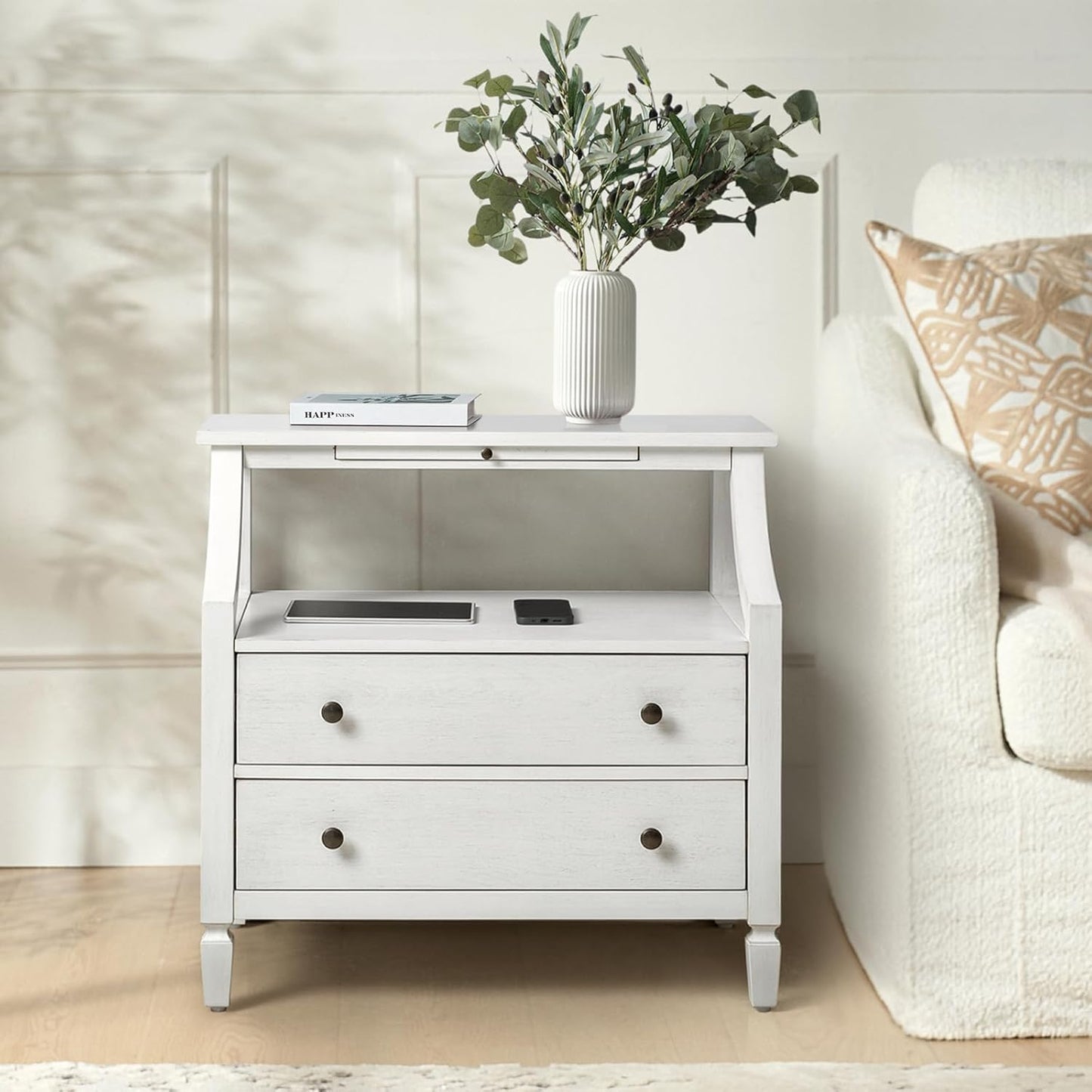 HULALA HOME Wood Nightstand with Charging Station, 2-Drawer Dresser with Wooden Legs, Mid-Century Modern Bedside Furniture, French-Style End Table for Bedroom, White