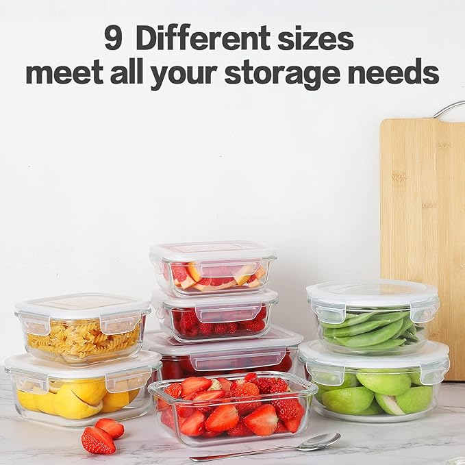 HOMBERKING 24pc Glass Food Storage Containers with Lids, Glass Meal Prep Containers, Airtight Glass Bento Boxes, BPA Free & Leak Proof, Pantry Kitchen Storage(12 lids & 12 Containers) - White