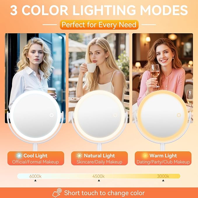 Makeup Mirror with Lights, Double Sided 30X/1X Magnifying Mirror with Light, 3 Color Stepless Dimmable with Touch Screen, Rechargeable 360ยฐ Free Standing Vanity Mirrors for Bathroom, Bedroom