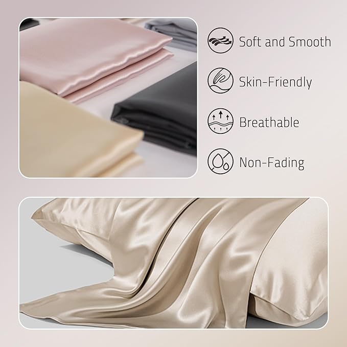 Mulberry Silk Pillow Case for Hair and Skin Prevent Acne Pillowcases Both Sides Real Silk Pillowcases Organic Silk Pillowcase with Hidden Zipper, Champagne, Queen (20"×30")