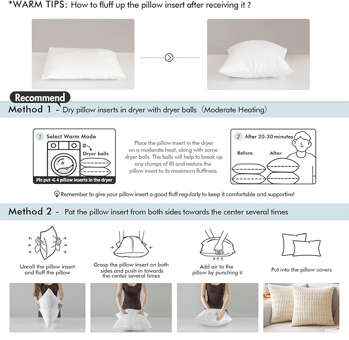 MIULEE Throw Pillows Inserts, Pack of 2 20x20 Inch 100% Virgin Fiber Filling Bed Couch Pillows